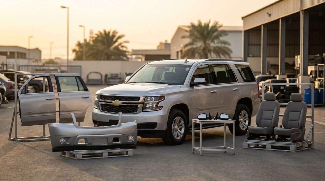 Used Chevrolet body parts like doors, bumpers, and headlights in Sharjah spare parts market