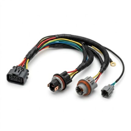 Close-up of car headlight wiring harness connected to bulb socket and electrical terminals