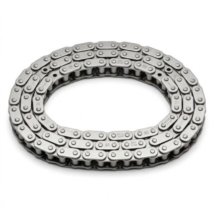 Close-up view of timing chain with gears inside car engine for mechanical synchronization
