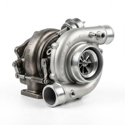 Close-up of automotive turbocharger showing compressor and turbine components