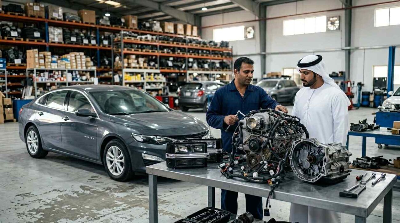 Chevrolet car doors bumpers headlights and body parts displayed in Sharjah auto spare parts shop