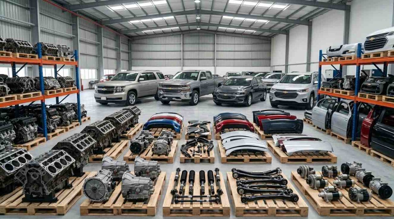 Close view of used Chevrolet engine and gearbox parts in Sharjah auto market