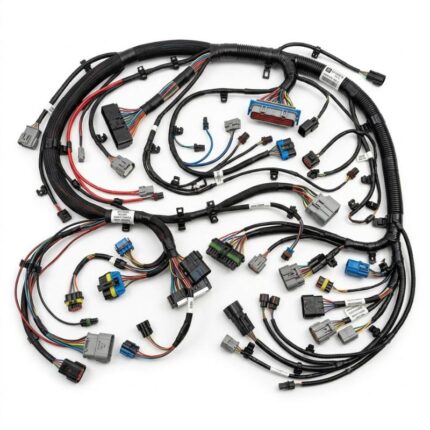 Wiring harness for automotive vehicles showing organized electrical cables and connectors