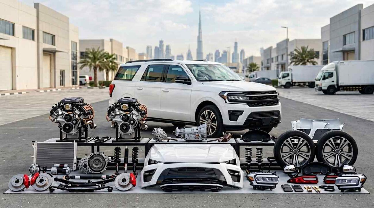 American car engine and body parts display featuring Chevrolet, GMC, Cadillac, and Ford spare parts arranged in a professional auto parts showroom in Sharjah, UAE.