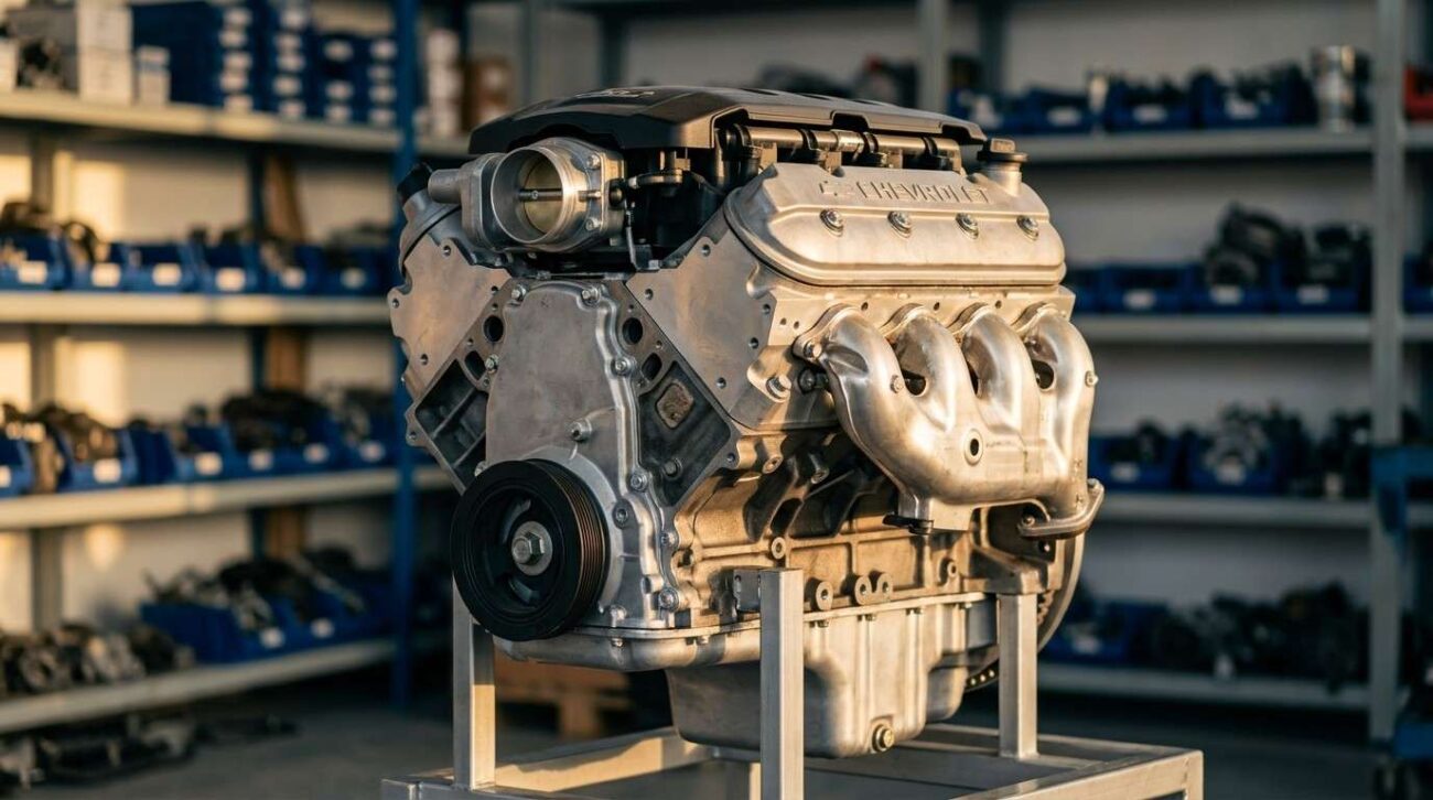 Chevrolet used spare parts including bumper, engine, and lights displayed in Sharjah market
