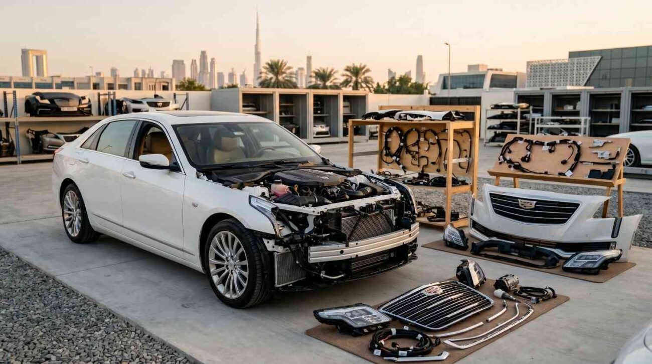Chevrolet and GMC used car body parts displayed in Sharjah auto parts market