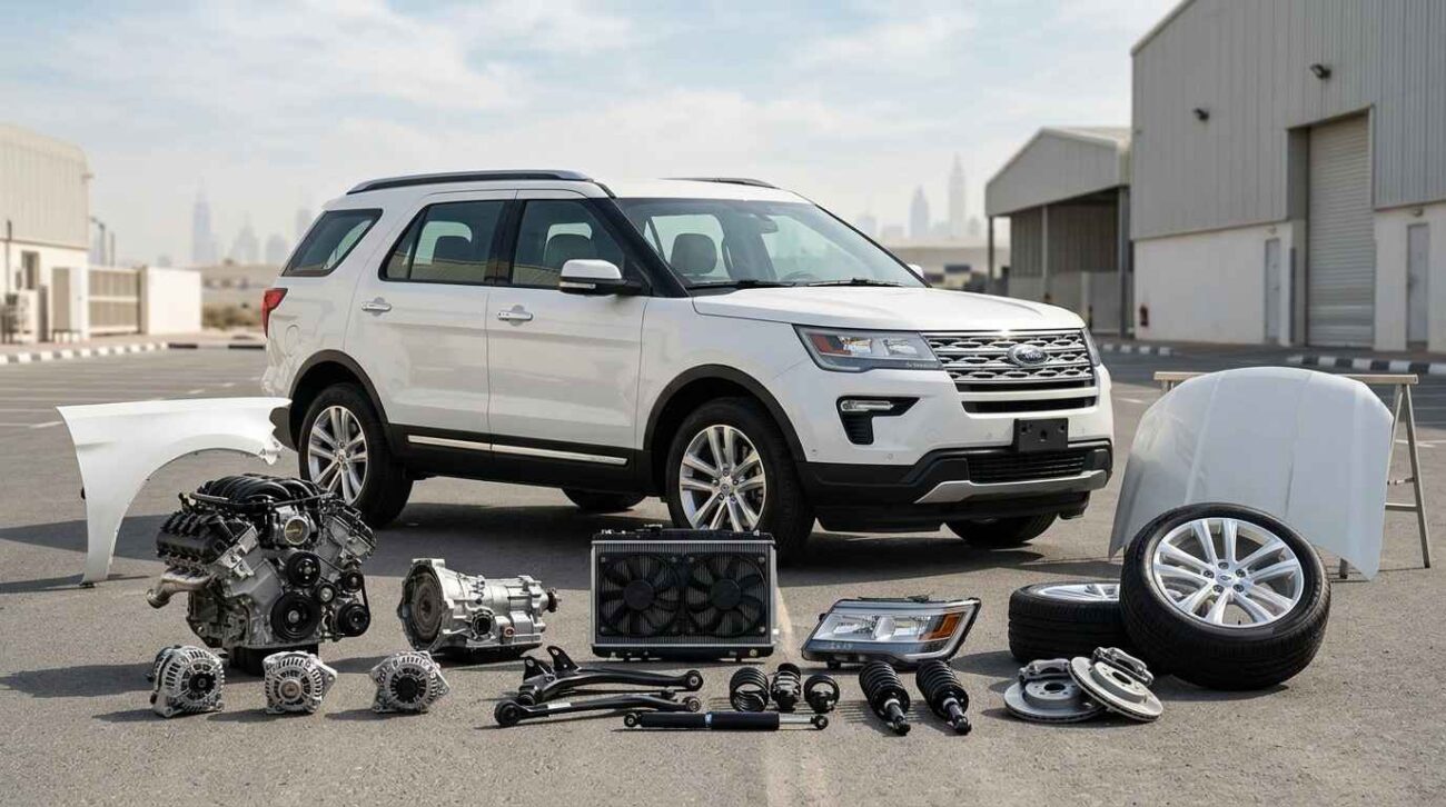 Ford Genuine Spare Parts Inventory with original Ford engine components, suspension parts, brake systems, and automotive accessories neatly organized in a professional warehouse.