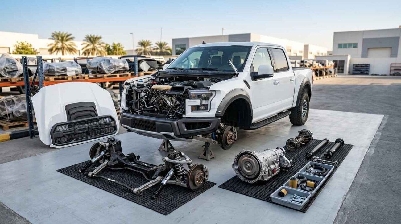 Ford and Cadillac used spare parts warehouse in Sharjah with engine and body parts collection