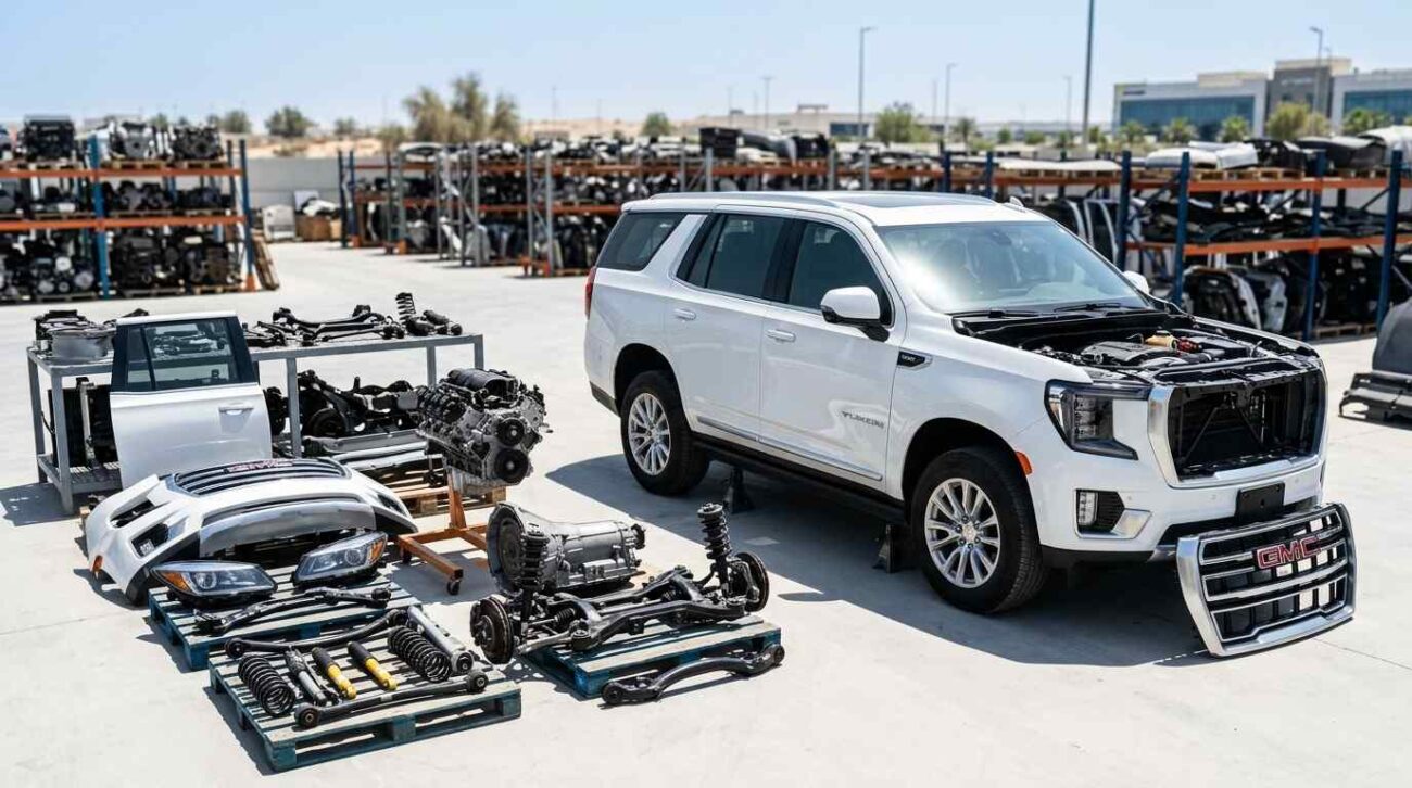 Wide range of used American auto spare parts in Sharjah warehouse with organized car components