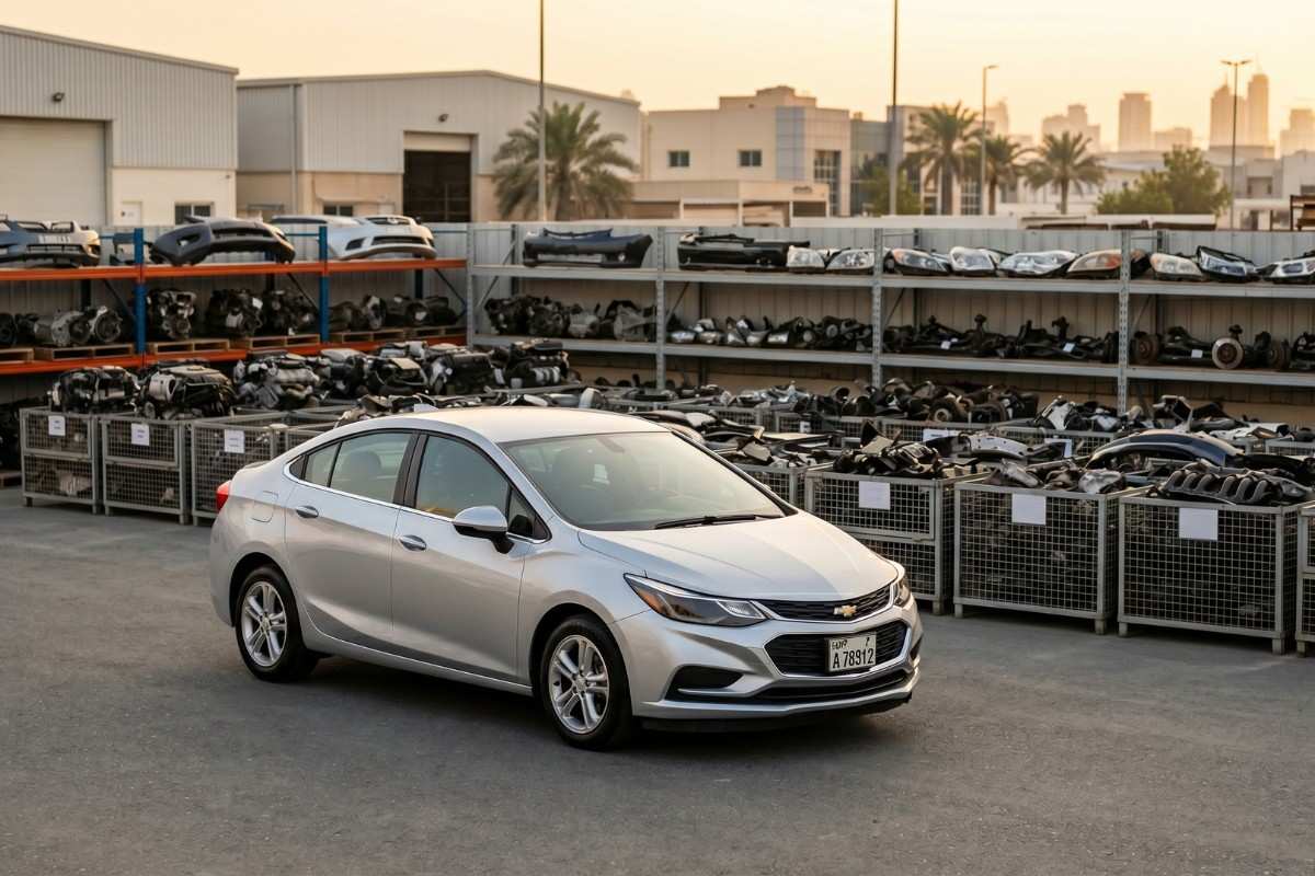 Wide view of used spare parts market in Sharjah showing auto parts shops and car components