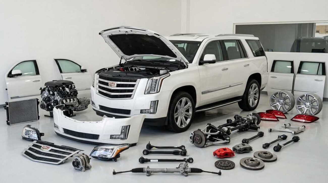 Used OEM Cadillac body parts and electrical components including bumpers, hoods, doors, alternators, radiators, and ECUs in Abu Dhabi.