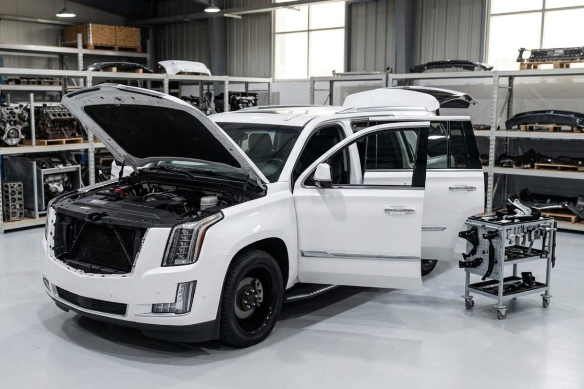 Genuine Cadillac used parts in Sharjah including OEM engine, gearbox, bumper, and headlights.