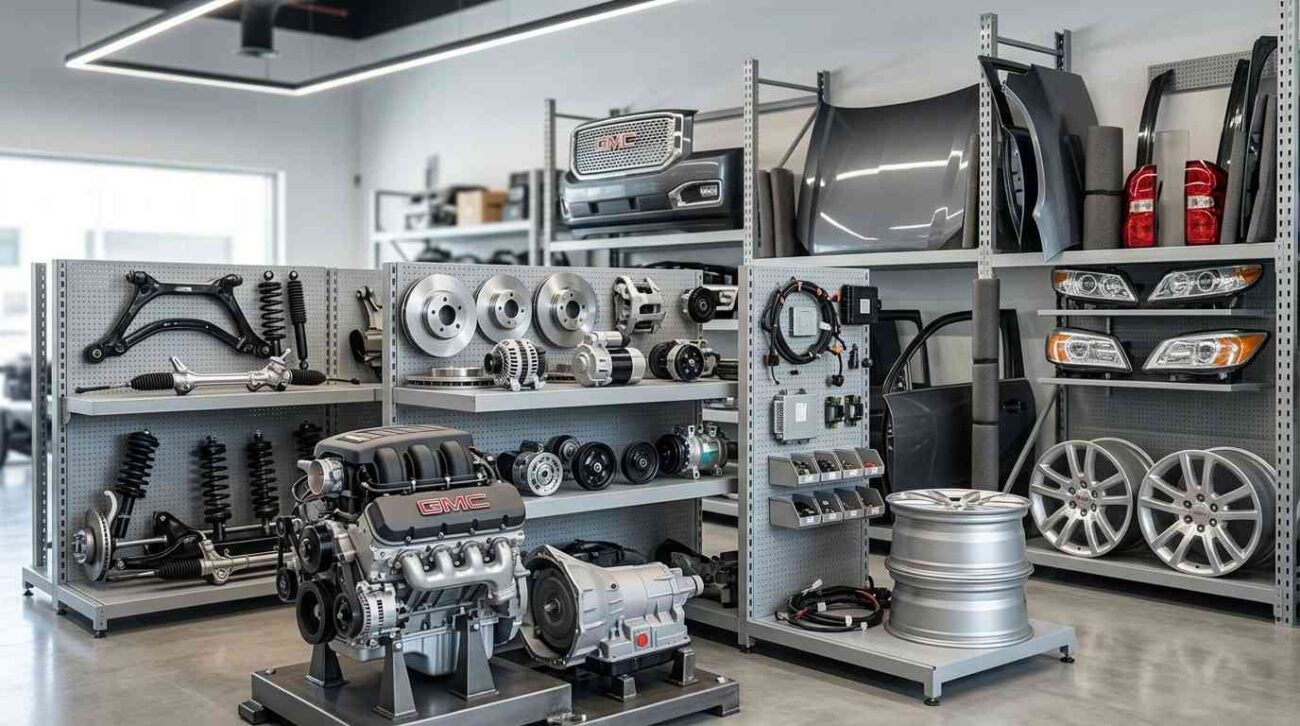 Genuine GMC auto spare parts including engine, bumper, headlights, and suspension components in Abu Dhabi.